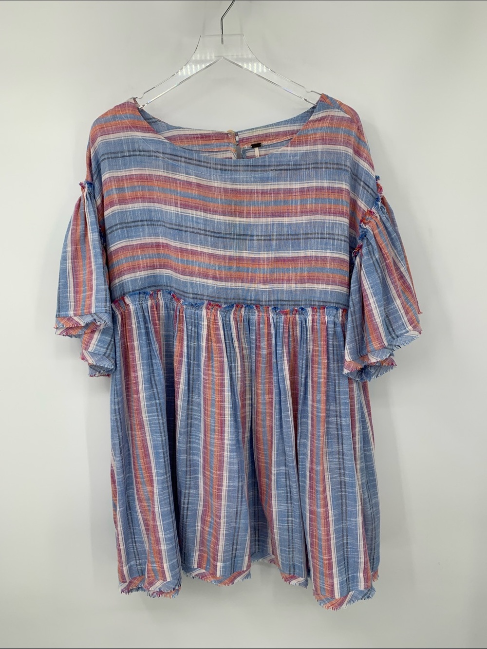 Free People Summer nights babydoll tunic mini dress stripe raw boxy blue fray M